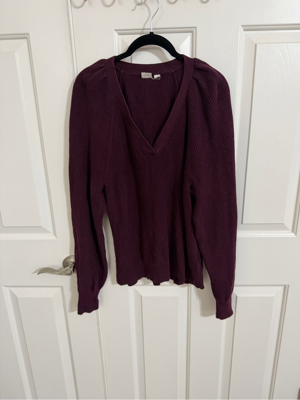 Gap L Burgundy Plum Cotton V-Neck Puff Balloon Sleeve Knit Sweater